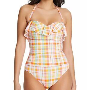 Bleu by Rod Beattie Hip to be Square Plaid Ruffle Bandeau One-Piece Swim…